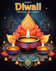 Wall Mural - Happy Diwali Poster with Diya Lamp Poster Design