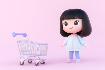 A happy cartoon girl with short black hair smiles and stands with a small shopping cart, dressed in a light blue outfit.