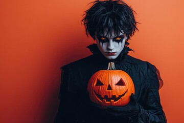 Wall Mural - A man in a black costume holding a pumpkin