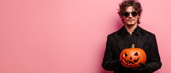 A man in a suit holding a pumpkin