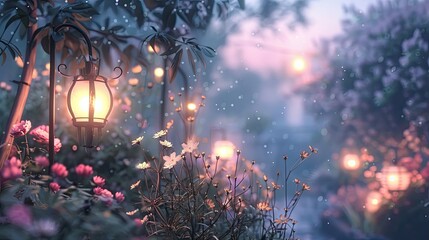 Canvas Print - Lofi backdrop showing a serene garden at dusk with glowing lanterns and blurred flowers creating a peaceful background