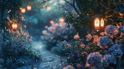 Poster - Lofi backdrop of a peaceful garden at dusk softly glowing lanterns and blurred flowers creating an ethereal background