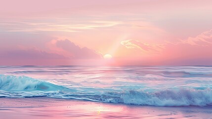 Sticker - Lofi backdrop showing a tranquil beach at dawn with soft pastel gradients in the sky and blurred waves creating a serene background