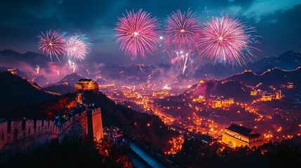 Great Wall of China with fireworks at night