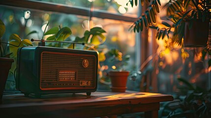 Lofi background showing an old radio on a table with blurred plants and soft light creating a cozy nostalgic backdrop