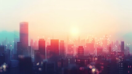 Wall Mural - Lofi background depicting a sunrise over a city skyline with blurred buildings and soft pastel hues creating a serene urban backdrop