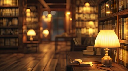 Sticker - Lofi backdrop featuring a dimly lit library with glowing lamps and blurred shelves creating a warm serene background