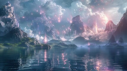 Surrealism backdrop featuring a serene lake with dreamlike floating mountains and ethereal lighting creating a fantastical scene