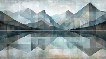 Wall Mural - Cubism background with abstract geometric shapes muted tones and fragmented forms of a lake and mountains in a modern design