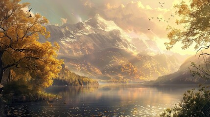 Wall Mural - Romanticism backdrop with a tranquil lake lush foliage and golden-lit mountains enhanced by dramatic atmospheric lighting