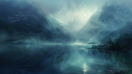 Sticker - Symbolism background showcasing a serene lake mystical elements and misty mountains bathed in ethereal otherworldly light