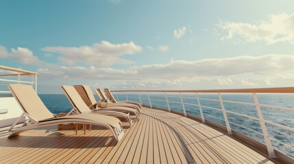 Sunlit deck of a cruise ship with empty lounge chairs facing the open ocean under a clear, blue sky, epitomizing relaxation and freedom.