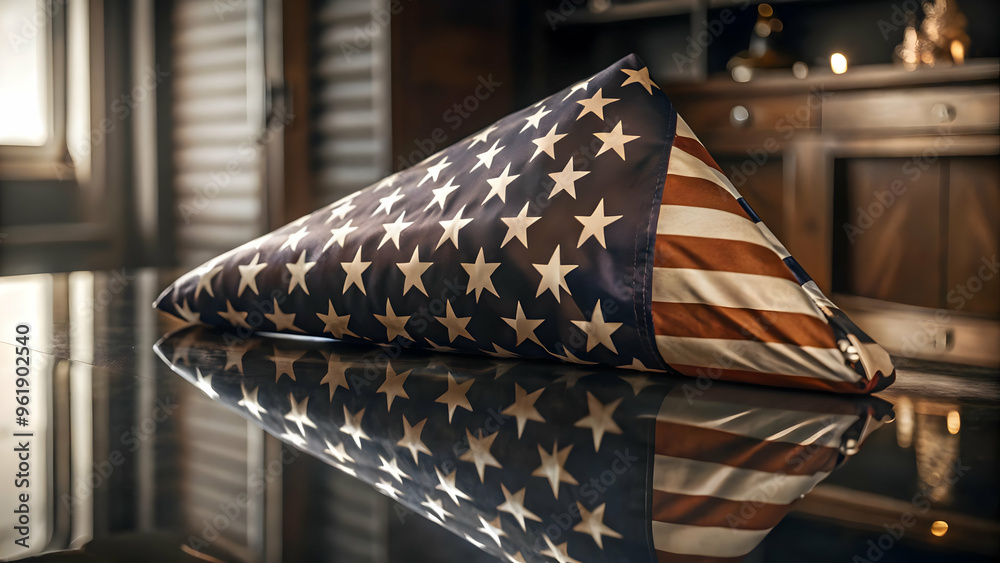 Glossy American Flag on Reflective Memorial Surface: A Respectful ...