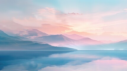 Wall Mural - Lofi backdrop showing a calm lake with muted colors dreamy textures and mountains fading softly into the distance under warm light