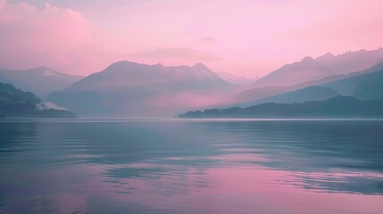 Wall Mural - Lofi backdrop of a calm lake with blurred muted textures soft colors and mountains fading gently in the warm background light