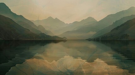 Wall Mural - Mannerism background depicting a calm lake with intricate patterns elongated forms and soft diffused light on distant mountains