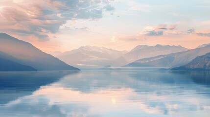 Wall Mural - Lofi backdrop showcasing a tranquil lake with soft muted colors blurred textures and mountains fading gently in the distance