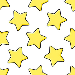 Wall Mural - Yellow stars with black outline on white background. Vector seamless pattern. Best for textile, print, wrapping paper, package and festive decoration.