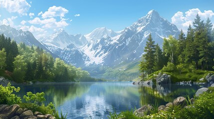 Sticker - Renaissance backdrop showing a serene lake snow-capped mountains and lush forests bathed in soft natural light under a clear sky