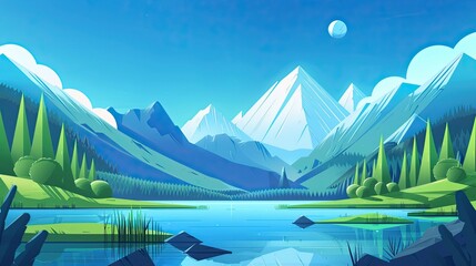 Canvas Print - Geometric Bauhaus background with a minimalist design of a lake green forests and snow-capped mountains