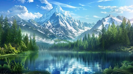 Wall Mural - Symbolism background with mystical elements surrounding a lake green forests and snow-capped mountains