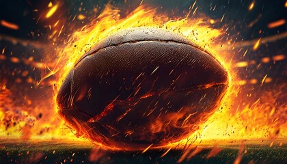 Explosive American Football Surrounded by Fiery Flames in a High-Energy Sports Atmosphere