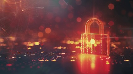 An illuminated padlock surrounded by digitally red glowing symbols, representing themes of cybersecurity and data protection in the digital age.