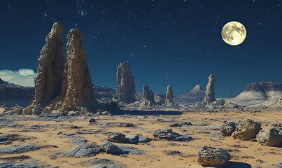 Poster - A Starry Night in a Desert Landscape with Tall Stone Formations