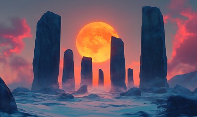 Poster - Stone Pillars and a Large Orange Moon in a Fantasy Landscape