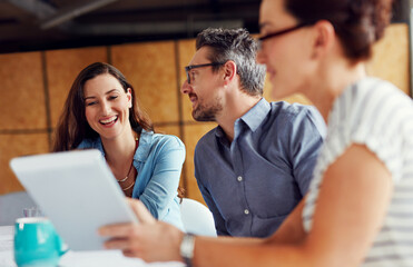 Aufkleber - Employees, teamwork and happy on tablet at office in meeting for business collaboration and ideas web designer. People, coworking and smile in boardroom with client for review on creative project