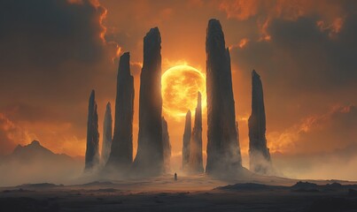 Poster - A lone figure stands in a desolate landscape with towering rock formations and a fiery, orange sun.