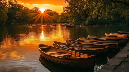 Wall Mural - Golden sunset over a serene lake with rowboats lined along the shore in a peaceful park setting