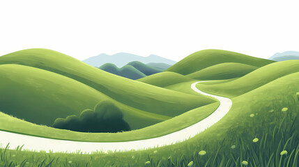 landscape with road green hill and green grass on white background, banner. rolling hills. illustrat