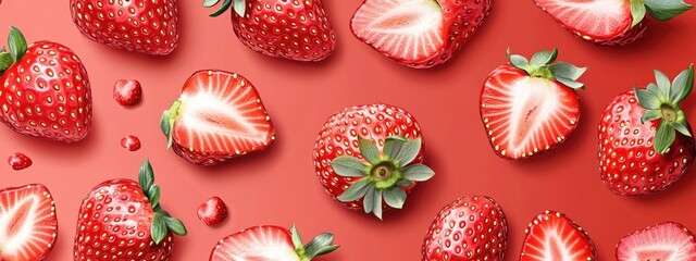 abstract strawberry vibrant pattern with fresh sliced strawberry banner design, diet, vegan, or healthy concept