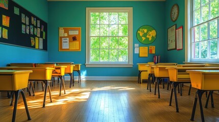 Canvas Print - Empty Classroom with Yellow Desks and Blue Walls