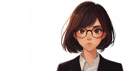 A cute girl with short hair and glasses poses in a closeup, dressed in a black suit against a white background