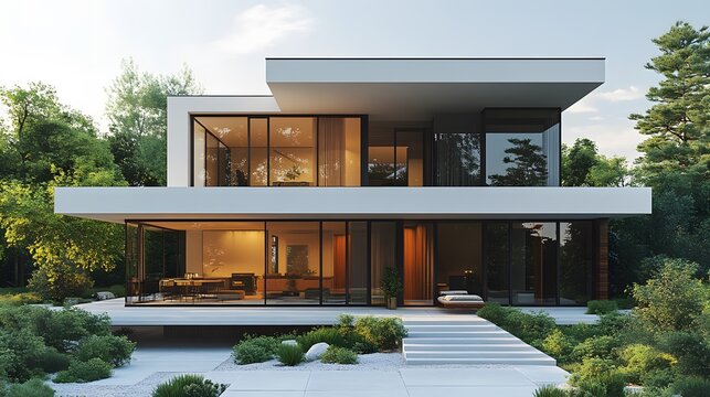Isometric 3D rendering of a modern house with clean geometric lines, set against a white background.