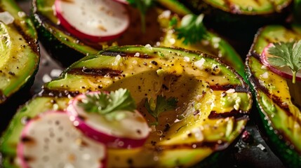 Wall Mural - Grilled avocados topped with radish slices and garnished with herbs. The dish is seasoned and prepared meticulously, capturing the essence of a gourmet meal.