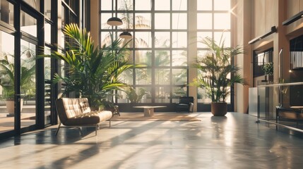 Wall Mural - A modern, sunlight-filled atrium adorned with lush green plants reflecting a perfect blend of architecture and nature that offers a serene and welcoming ambiance.