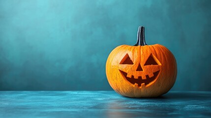 A pumpkin with a smiley face on it is sitting on a blue table