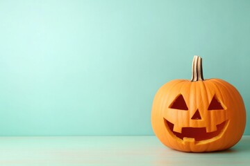 Wall Mural - A pumpkin with a smiley face on it sits on a table