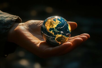 A close-up of a hand holding a small model of the Earth, with the hand casting a shadow over the globe, symbolizing America's global power