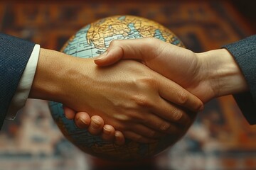 A close-up of hands shaking over a globe, symbolizing America's role in fostering international agreements and partnerships