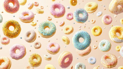 Flying donuts. Mix of multicolored doughnuts on pastel background. Bakery banner