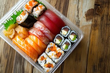 Sticker - Overhead view of bento box with sushi on wood background