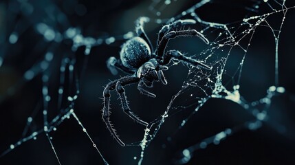 Black spider and torn web Scary spiderweb of halloween symbol