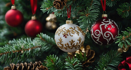 Poster - Christmas ornaments hanging on evergreen branches background