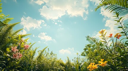 Wall Mural - lush green foliage and blooming flowers against a blue sky with white clouds