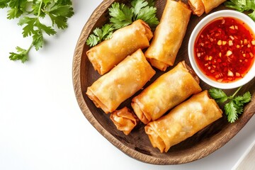 Poster - Overhead view of homemade deep fried spring roll with chili sauce and vegetables on wooden tray isolated on white