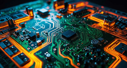 Poster - Circuit board with glowing paths abstract background